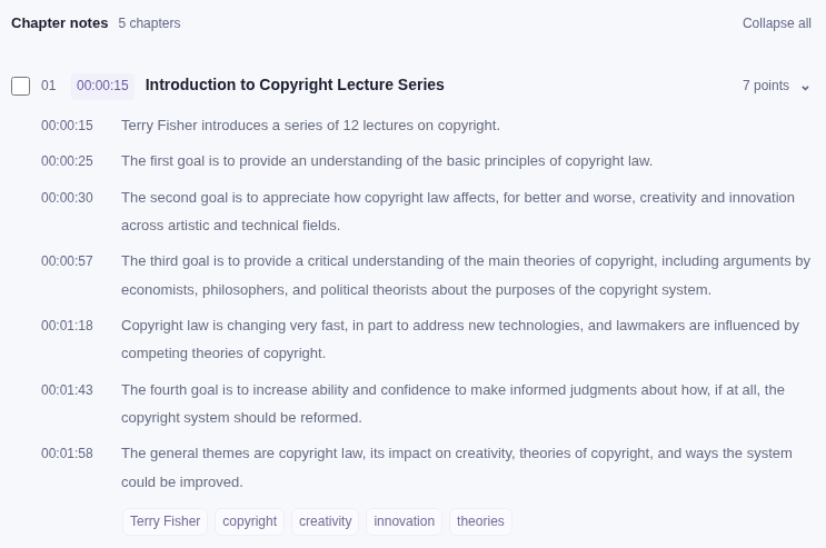 Chapter notes, chapter 01 Introduction to Copyright Lecture Series with seven timestamped points; the points at 00:00:30, 00:01:18 and 00:01:43 keep for better and worse, in part and if at all