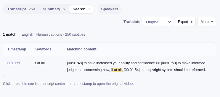 Search results for if at all: 1 match at 00:01:50, to make informed judgments concerning how, if at all, the copyright system should be reformed